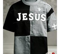 T-shirt graphique vintage patchwork pour hommes, couleurs vibrantes, coupe confortable, motif croix de Jésus et foi, col ras-du-cou douillet. Convient pour un port quotidien L,M,S,XL,XXLBlocs de coule