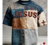 T-shirt graphique vintage patchwork pour hommes, couleurs vibrantes, coupe confortable, motif croix de Jésus et foi, col ras-du-cou douillet. Convient pour un port quotidien L,M,S,XL,XXLgraphiquePolye