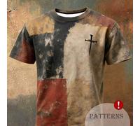 T-shirt graphique vintage patchwork pour hommes, motif croix de Jésus et foi, col rond, convient pour un port quotidien L,M,S,XL,XXLGéométriquePolyester
