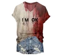 T Shirt Halloween Femme Bloody Horror T-Shirt d'halloween Manches Courtes Tee Halloween Costume Femme Imprimé Sanglant Tee Shirt Coton Vampire Déguisement Zombie Blouse Grande Taille(L)