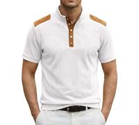 T-Shirt Henley Homme Manches Courtes Col Montant À Boutons, Tissu Texturé avec Détails Épaule, Style Décontracté pour Sorties, Séjour Balnéaire, W nd Et Quotidien(White, XL)