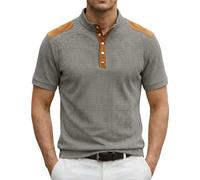 T-Shirt Henley Homme Manches Courtes Col Montant À Boutons, Tissu Texturé avec Détails Épaule, Style Décontracté pour Sorties, Séjour Balnéaire, W nd Et Quotidien(Grey, S)