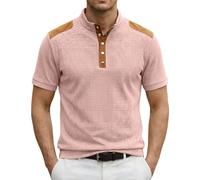 T-Shirt Henley Homme Manches Courtes Col Montant À Boutons, Tissu Texturé avec Détails Épaule, Style Décontracté pour Sorties, Séjour Balnéaire, W nd Et Quotidien(Pink, XXL)