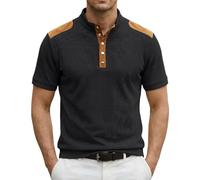 T-Shirt Henley Homme Manches Courtes Col Montant À Boutons, Tissu Texturé avec Détails Épaule, Style Décontracté pour Sorties, Séjour Balnéaire, W nd Et Quotidien(Black, M)