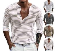T-shirt Henley rayé pour homme à manches longues pour l'automne et l'extérieur, col en V, chemise légère et fine, décontractée et douce, coupe ajustée, chemise de transition, kaki, M