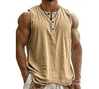 T-shirt Henley vintage respirant sans manches à trois boutons pour homme, chemise Henley sans manches pour entraînement de gym, kaki, S