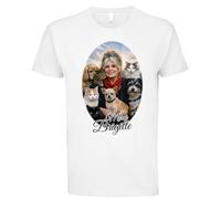 T-Shirt Hommage Brigitte avec Motif Animaux de Compagnie, Blanc, Coton, Imprimé Artistique avec Chats et Chiens (FR/ES, Alpha/Lettres, TG, Taille Normale, Taille Normale)