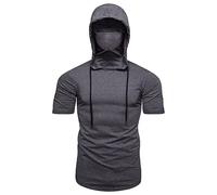 T-Shirt Homme à Capuche et Masque - ajusté Slim Fit Stretchy Fitness Tee-Shirt de Couleur Unie Training Pullover (Gris Foncé,L)
