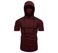 T-Shirt Homme à Capuche et Masque - ajusté Slim Fit Stretchy Fitness Tee-Shirt de Couleur Unie Training Pullover (Vin Rouge,L)