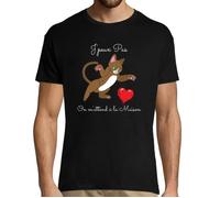 T-Shirt Homme - Chat Chaton - on m'attend à la Maison - Manches Courtes - Col Arrondi - Noir S