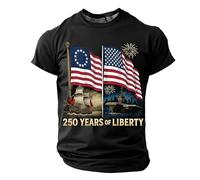 T-Shirt Homme Col Rond Manches Courtes - Illustration Rétro USA avec Navires Texté 250 Years of Liberty sur Coton Respirant - pour Historique, Rétro ou Fête Nationale