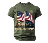 T-Shirt Homme Col Rond Manches Courtes - Illustration Rétro USA avec Navires Texté 250 Years of Liberty sur Coton Respirant - pour Historique, Rétro ou Fête Nationale