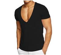 T-shirt homme col V profond UK basique en coton haut tees manches courtes col V extensible athlétique sport gym muscle T-shirt, Noir , XL