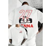 T-shirt homme imprimé 100 % coton, col rond, motif #27 Formule 1 iconique imprimé recto verso, léger et respirant, manches courtes, coupe classique, épaules tombantes, confortable et lavable en machin