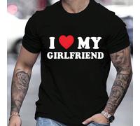 T-shirt homme motif lettre déclaration d'amour J'aime ma petite amie, 1 pièce T-shirt décontracté en coton épais à col rond 220 g/m² T-shirt imprimé décontracté à manches courtes et col rond pour homm