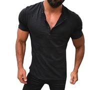 T-Shirt Homme Muscle Slim Henry Col en V léger Henleys Manches Courtes T-Shirt d'entraînement Sportif en Coton (Noir,M)