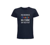 T-Shirt Homme “Pas Besoin de Google, ma Femme Sait déjà Tout” - Le Tee-Shirt Humoristique pour Les Maris avisés ! (FR/ES, Alpha/Lettres, TG, Taille Normale, Taille Normale, Bleu Marine)