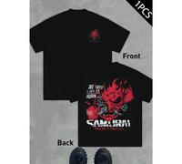 T-shirt homme Samurai Cyberpunk Night City, imprimé recto-verso, , décontracté, col rond, 220 g/m², pur coton (1 pièce) T-shirt en coton pour homme à la mode avec impression recto verso, confortable, 