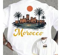 T-shirt homme thème Maroc, écriture arabe vintage palmier tampon coucher de soleil, adapté à l'été pour vêtements de plage, design voyage côte marocaine T-shirt Kaporal Vintage City Hip Hop pour homme