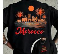 T-shirt homme thème Maroc, écriture arabe vintage palmier tampon coucher de soleil, adapté à l'été pour vêtements de plage, design voyage côte marocaine T-shirt Kaporal Vintage City Hip Hop pour homme