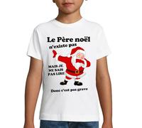 T-Shirt Humoristique de Noël en Français, Imprimé Père Noël, Coton Blanc, Message 'Le Père Noël n'existe Pas mais Je ne Sais Pas Lire Donc C'est Pas Grave' (FR/ES, Âge, 6 Ans, Taille Normale)