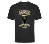 T-shirt humoristique pour la Saint-Patrick - « Hello Darkness My Old Friend I've Come To Drink With You Again » - T-shirt noir pour homme et femme avec graphique beige - Haut de soirée pub irlandais