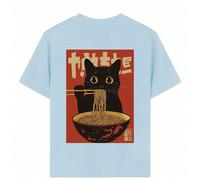 T-shirt imprimé avec un chat vintage mangeant des nouilles pour garçon préadolescent, en tissu doux et confortable. Convient pour les sports de plein air, le port quotidien, le style streetwear, le st