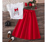 T-shirt Imprimé Avec Une Figurine Pour Jeune Fille Et Jupe Boutonnée À Ceinture Devant 8Y,9Y,10Y,11-12YCartoon,Portrait,LettresÉtoffe