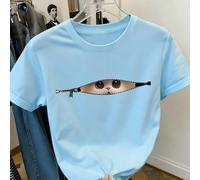 T-shirt imprimé de dessin animé de chat espiègle pour préadolescentes, en tissu doux et confortable. Convient pour les sports extérieurs, le port quotidien, le style de rue, le style campus des filles