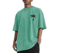 T-shirt imprimé en coton à manches courtes et col rond pour homme - T-shirt graphique vintage ample - Chemise délavée décontractée et tendance - T-shirt d'entraînement respirant, Vert, XXL