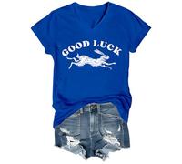 T-shirt imprimé « Good Luck Rabbit » avec col en V et col en V, Bleu roi-VT-1, M