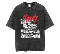 T-shirt imprimé graphique Anime Berserk, t-shirt vintage délavé rétro en coton coupe ample, Noir-3, XS