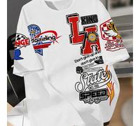 T-shirt imprimé graphique style course avec badge LA, style minimaliste casual, col rond, manches courtes, convient pour l'été, grande taille 0XL,1XL,2XL,3XL,4XL,5XLAnimal,Blocs de couleur,LettresTiss
