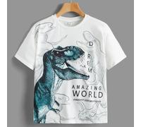 T-shirt imprimé lettre et dinosaure pour pré-adolescents - Style décontracté simple, convient pour un port quotidien en été 6Y,7Y,8Y,9Y,10Y,11-12Y,13-14YCartoon,Lettres,DinosauresÉtoffe
