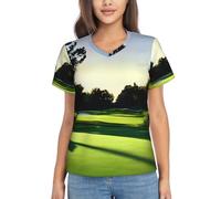 T-shirt imprimé parcours de golf à manches courtes et col en V pour femmes, hauts de plage, chemise tendance décontractée, noir, Taille M