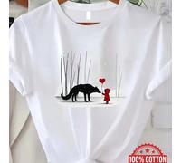 T-shirt imprimé Petit Chaperon rouge et loup pour femme, idéal pour le printemps/été. 100 % coton. Coupe ample. Vêtements d'été, hauts d'été grandes tailles, collection K-Pop Warrior. Hauts en pur cot