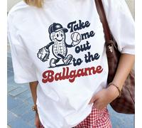 T-shirt imprimé thème baseball "Peanuts dessin animé" blanc "Emmène-moi au match", Top de sport rétro à manches courtes décontracté pour femmes, été L,M,S,XL,XS,XXL,XXSRétroPolyester