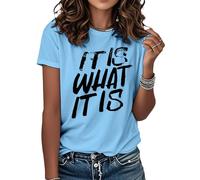 T-shirt « It is What It is » pour femmes, col rond - T-shirt décontracté à manches courtes pour femmes | pour vêtements de rue, bleu ciel, 3XL
