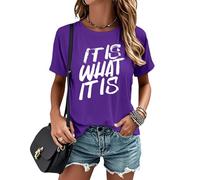 T-shirt « It is What It is » pour femmes, col rond - T-shirt décontracté à manches courtes pour femmes | pour vêtements de rue, violet foncé, S