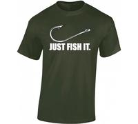 T-shirt : Just Fish It - Cadeau pour les pêcheurs - Vêtements de pêche hommes - Vêtements de pêche pour hommes - Petri Heil - Pêcheur - Pêche - Poisson - Gris - Kaki - Dicton - Motif - Amusant, armée