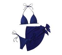 T Shirt L Ensemble de 3 pièces avec haut de bikini uni triangle à nouer Pantalon jupe pour femme Pull Tops, bleu, L