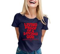 T-shirt « Living Proof of A Loving God » - Chemises chrétiennes à manches courtes - Imprimé lettre de foi - T-shirt décontracté ample - T-shirts plissés, bleu marine, L