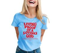 T-shirt « Living Proof of A Loving God » - Chemises chrétiennes à manches courtes - Imprimé lettre de foi - T-shirt décontracté ample - T-shirts plissés, bleu clair, XL
