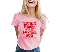 T-shirt « Living Proof of A Loving God » - Chemises chrétiennes à manches courtes - Imprimé lettre de foi - T-shirt décontracté ample - T-shirts plissés, rose, M
