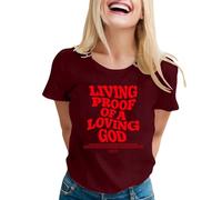 T-shirt « Living Proof of A Loving God » - Chemises chrétiennes à manches courtes - Imprimé lettre de foi - T-shirt décontracté ample - T-shirts plissés, bordeaux, M
