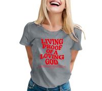 T-shirt « Living Proof of A Loving God » - Chemises chrétiennes à manches courtes - Imprimé lettre de foi - T-shirt décontracté ample - T-shirts plissés, gris, L