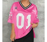 T-shirt long ample à manches courtes col en V mailles légères effet patchwork, imprimé numéro porte-bonheur 01 et lettre Californie, pour femmes grande taille, pour l'été et le début de l'automne 0XL,