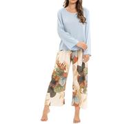 T Shirt Long Pyjama Femme, Chaud Lingerie Hiver D'intérieur Ensembles 2025 Nouveaux Vêtements De Nuit 2 Pièces Set Confortable Night Suit De Pyjama Manches Longues Longue Pantalon Coton Sleepwear