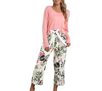 T Shirt Long Pyjama Femme, Chaud Lingerie Hiver D'intérieur Ensembles 2025 Nouveaux Vêtements De Nuit 2 Pièces Set Confortable Night Suit De Pyjama Manches Longues Longue Pantalon Coton Sleepwear