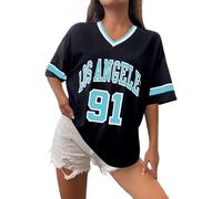 T-shirt Los Angeles pour femme Maillots de baseball Oversized Y2k T-shirts à numéros Bordure graphique rayée T-shirt de loisirs Col en V Streetwear T-shirt graphique rayé Haut décontracté T-shirt